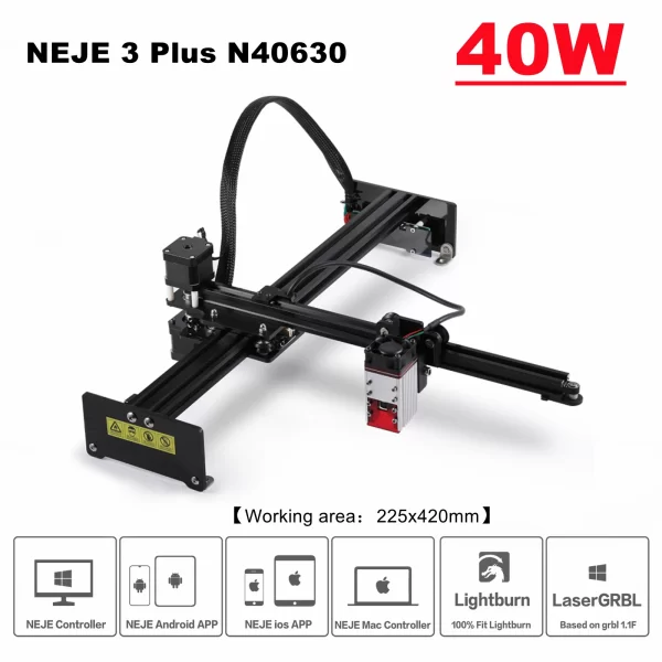Neje 3 plus n40630 40w cnc máquina de gravura a laser impressora cortador de madeira com assistência de ar autoc 32 bits dupla mcu lightburn lasergrbl