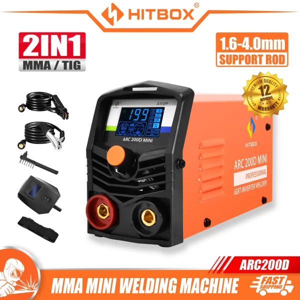 HITBOX-ARC Tig Máquina de solda, soldador vara com controle sinérgico, Mini soldador com display digital LCD, 2 em 1, 220V, 140A