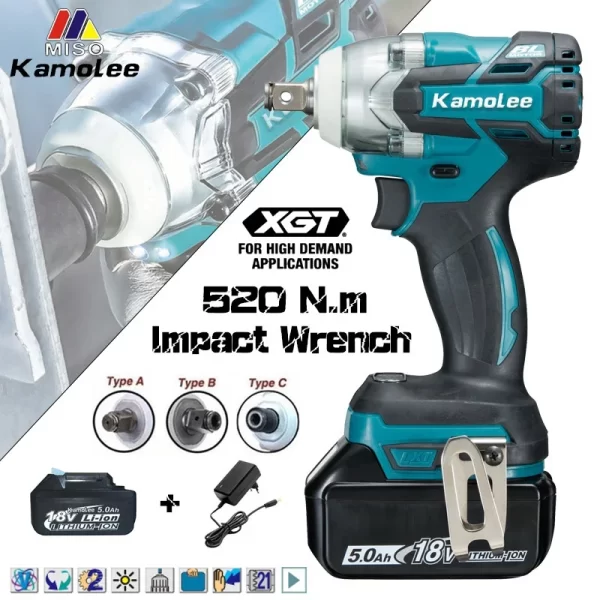 Chave de impacto elétrica sem escova Kamolee, alto torque, compatível com a bateria Makita 18V, [DTW285], 520N.m, 1/2 ", 1/4"