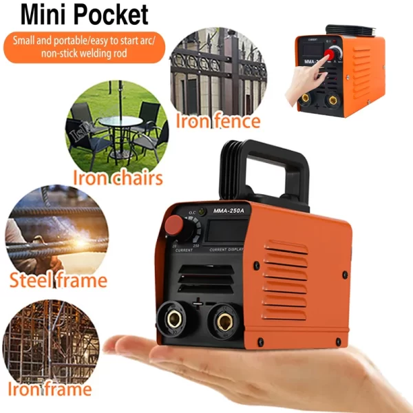 Mini máquina de solda elétrica inversor, portátil Handheld Arc Welder Equipment, corrente ajustável, 20-250A, MMA250, 110V, 220V
