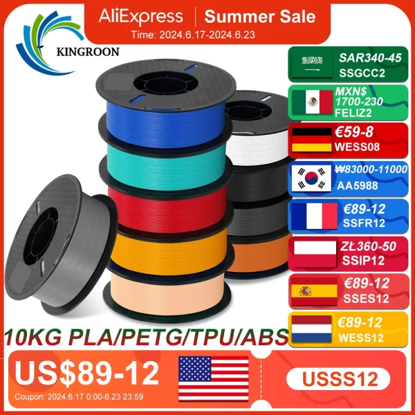 Filamento da impressora 3D com boa dureza, inodoro, ecológico, cor da mistura, 10 Rolls, 1kg, 1,75mm, 22LBS, TPU, ABS, PETG, PLA