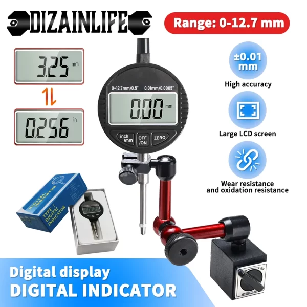 Indicador Digital Dial com Mini Base Magnética Titular, Universal Caliper Gauge, ferramentas de medição, 0-12.7mm, 0.5 ", 0.01mm, ajustável