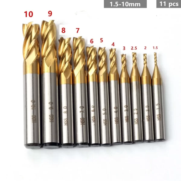 Fresas revestidas de titânio, HSS End Mill Set, CNC Router Bit para madeira, aço, 4-Flute, 1.5-10mm, 7Pcs, 11Pcs