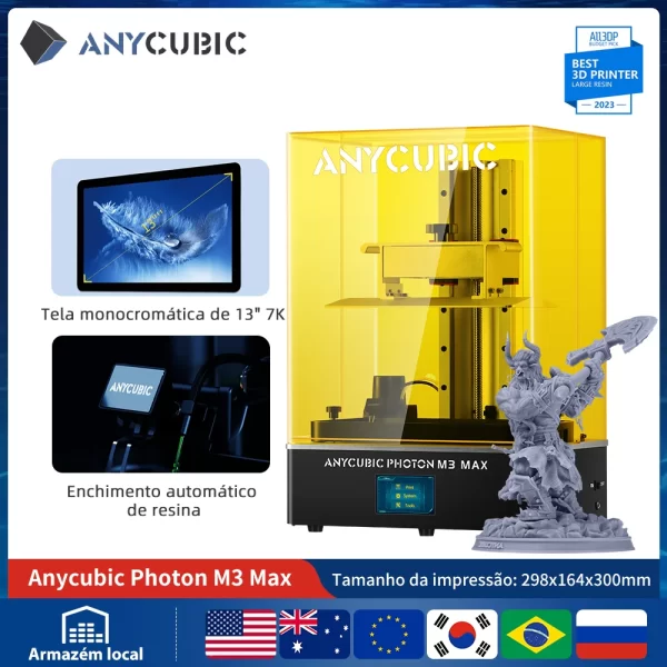 ANYCUBIC-Impressora 3D Photon M3 Max, Grande Volume, Resina UV, Tamanho de Impressão 298x164x300mm, 7K SLA LCD, 13.6"