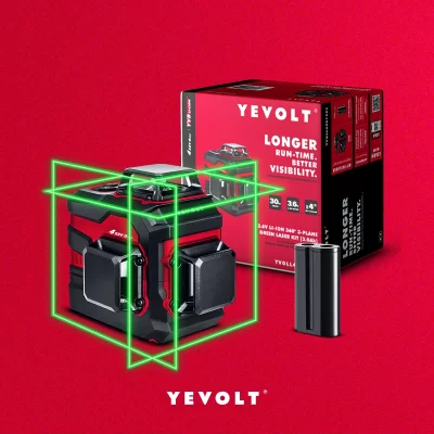 YEVOLT-3-Plane Nível Laser Verde com Bateria Li-ion, Ferramentas 3D de Auto-Nivelamento, Horizontais e Verticais, YVGLL4XS12, 3.6V, 12-Line, 360