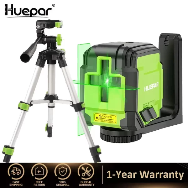 Huepar-Linha Cruz Nível Laser, Auto-Nivelamento, Horizontal e Vertical, Feixe Verde, Tripé e Suporte, Alemanha, Osram, 2 Linhas