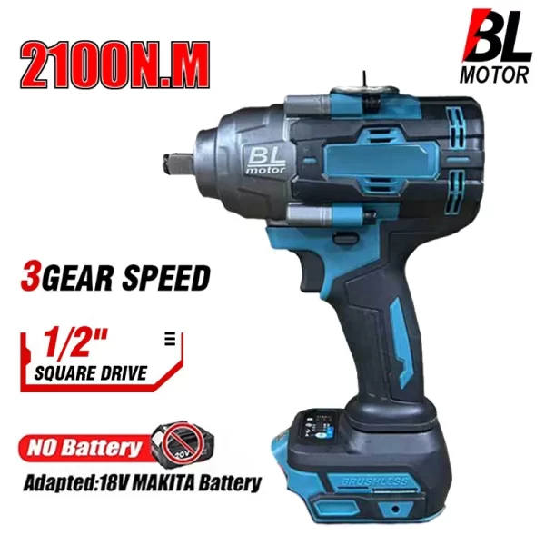 Brushless Cordless Chave de Impacto Elétrica, Ferramentas Elétricas Recarregáveis, Compatível com Makita, Bateria 18V, 2100N.M, 1/2"