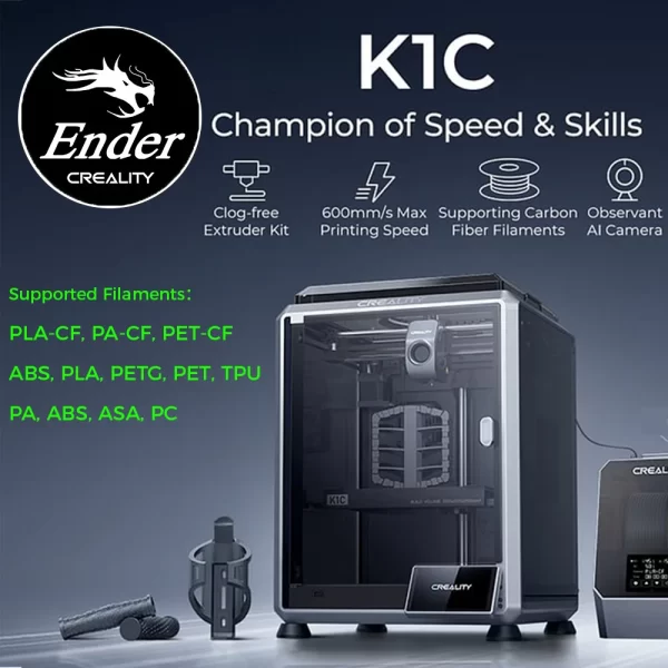 Creality-K1C Impressora 3D com câmera AI, Auto Nivelamento, Extrusora Direta de Roust, Impressão Tri-Alta Velocidade, Atualização, 600mm, s