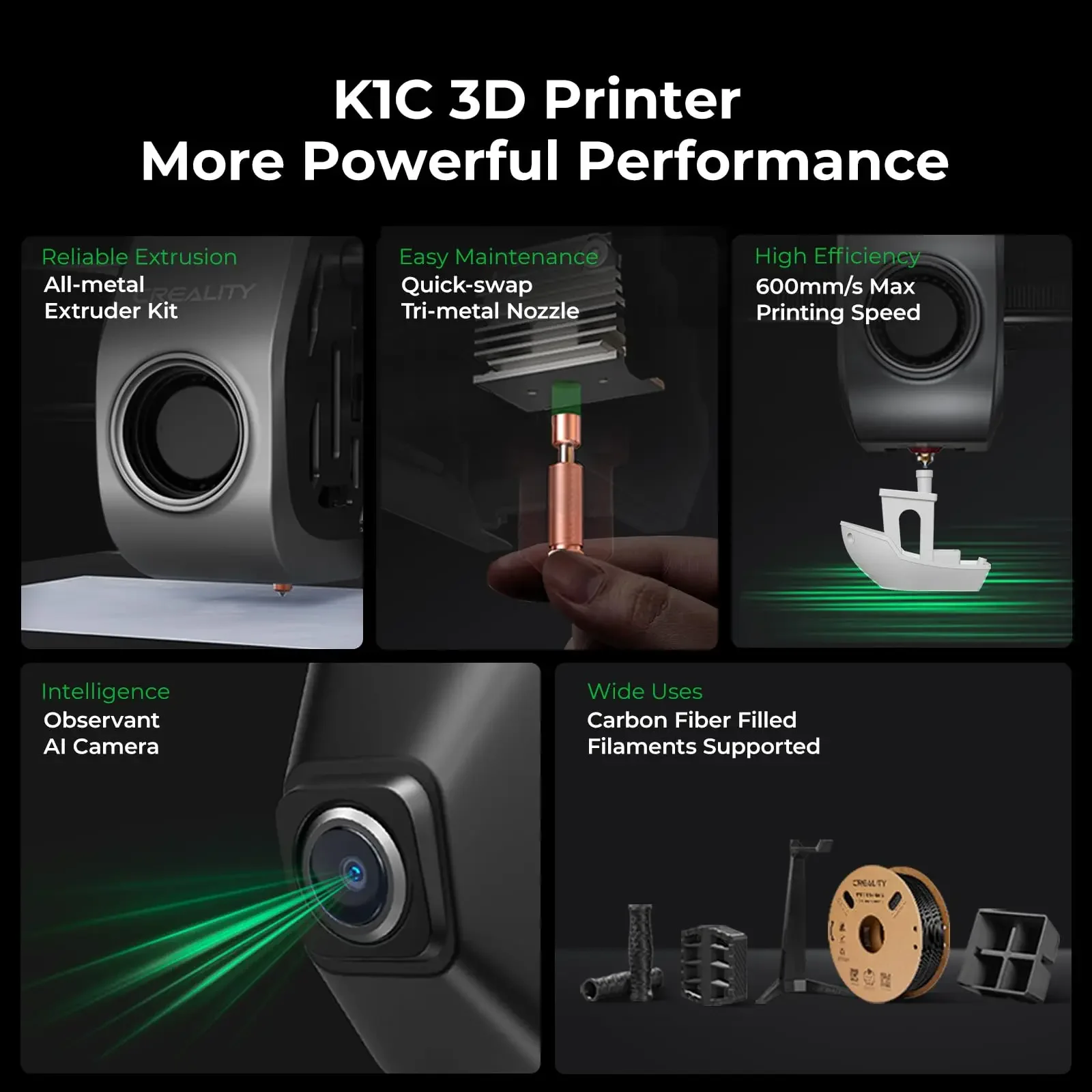 Creality-Auto Nivelamento Robusto Extrusora Direta, Impressora 3D K1C, 600mm, s, Bico Tri-metal, Atualização de impressão a 300 °C, K1 com câmera AI - Image 2