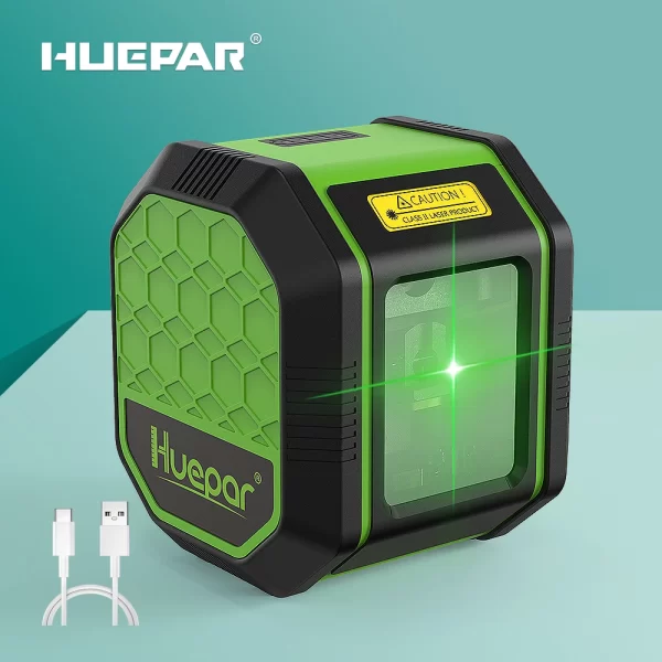 Huepar-Nível Laser com Bateria Li-ion, 2 Linhas, 3D, Auto-Nivelamento, 360 Horizontal e Vertical Linha Cruzada, Raio Laser Verde