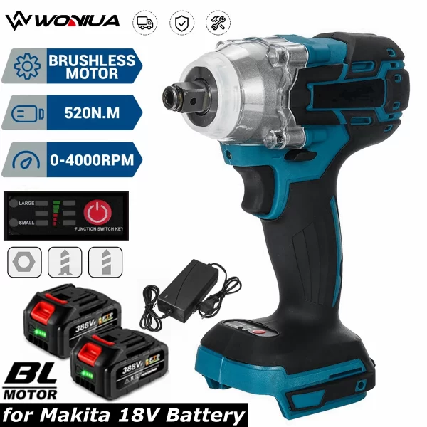 Brushless Electric Impact Wrench, Chave sem fio, 1,2 ", Makita 18V Bateria, Chave de fenda, Ferramentas elétricas, 520 N.M