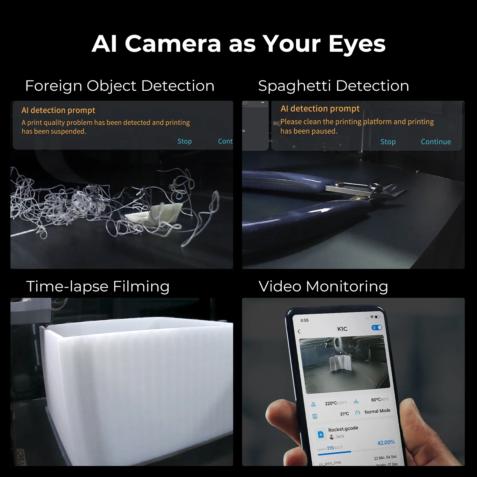 Creality-K1C Impressora 3D com 600mm s Velocidade de impressão, Al Camera Clog-Free Extrusora Kit, Tri-metal Unicorn Bico, rápido para trocar - Image 6