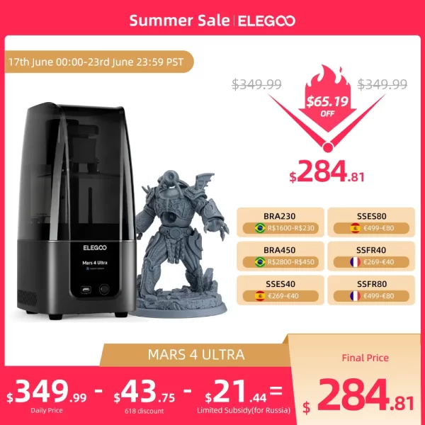 ELEGOO-MARS 4 Impressora 3D MSLA ultra mono, 7 ", 9K, resina LCD, tamanho de impressão de 150mm x h, 153x77x165mm