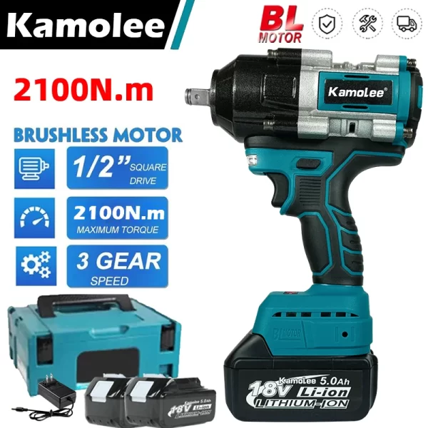 Chave de Impacto Elétrica Sem Escova Kamolee, Alto Torque, Funciona com Baterias Makita, 2100 N.m, 1/2"