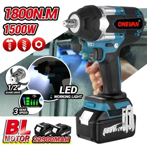 Brushless Chave de Impacto Elétrica com Luz LED, Torque, Screwdrive, Car Repair Power Tool, Makita 18V Bateria, 1800N.M