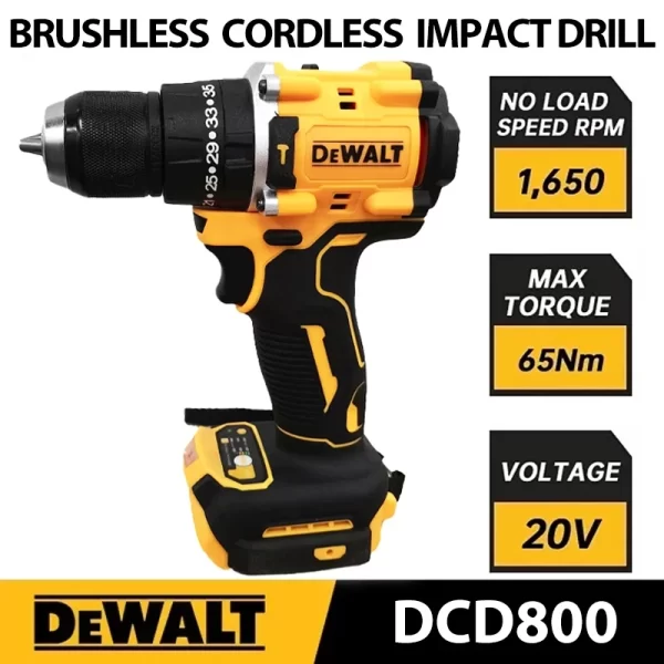 DeWalt-DCD800 Furadeira elétrica sem fio, Parafusadeira, Chave de fenda 20V Brushless, Broca Compacta, Driver, Ferramentas elétricas para Dewalt, Bateria 20V