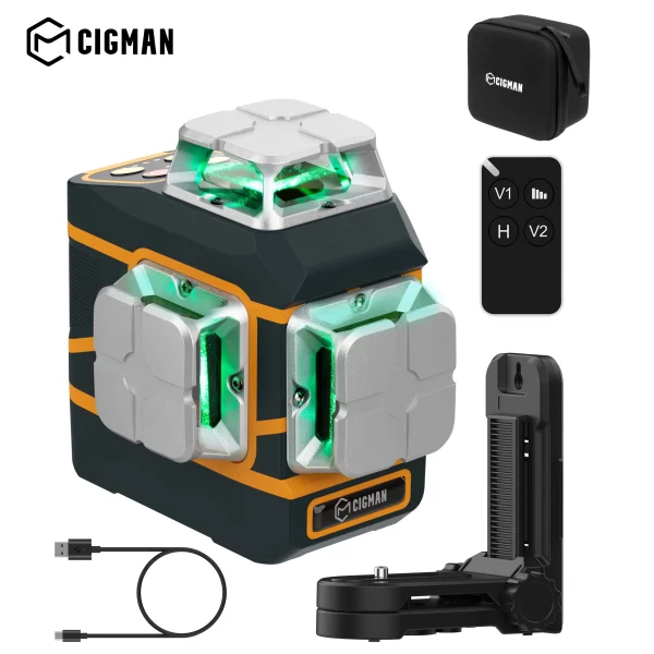 CIGMAN-3D Cross Green Laser Level Kit, 12 Linhas, L-Bracket, Controle Remoto, Nível Laser de Nivelamento, CM-801 Ferramenta de Medição