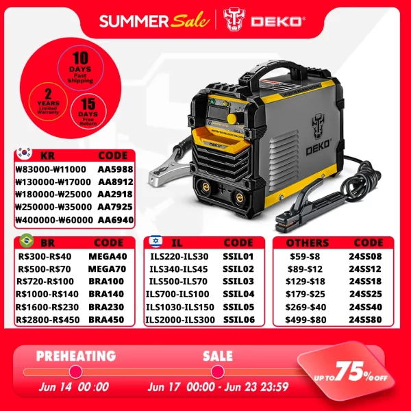 DEKO-DKA Series máquina de solda, DC inversor, soldador ARC, trabalhando leve, eficiente, 220V, IGBT, MMA, 200 Amp, 250 Amp