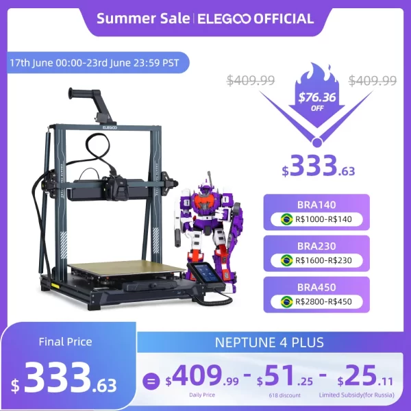 ELEGOO-NEPTUNE 4 PLUS FDM Impressora 3D, até 500 mm/s, velocidade de impressão, engrenagem dupla, extrusora direta, volume da construção