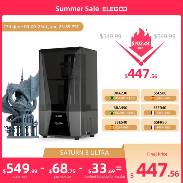 ELEGOO-SATURN 3 Impressora Ultra 3D, Mono MSLA, 10 polegadas, 12K Mono LCD, alta velocidade, transferência Wi-Fi Tamanho de impressão 219*123*260mm