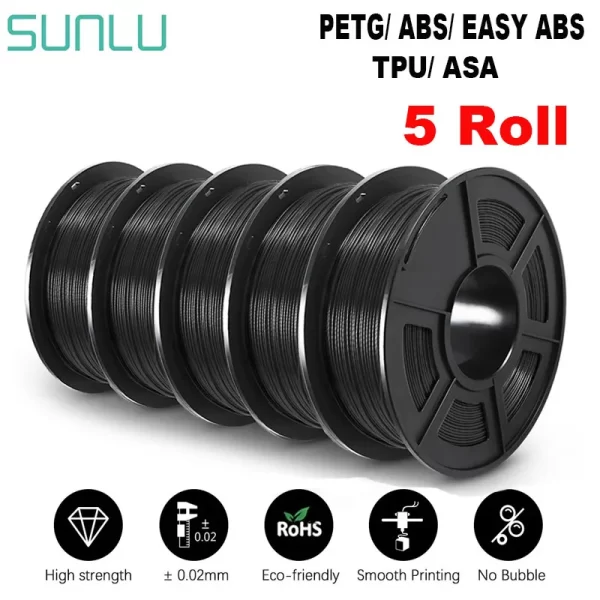 SUNLU Filamento da Impressora 3D, PETG, FÁCIL, ABS, TPU, ASA, 1,75mm, 5 Rolos, 1kg, 0,5 kg por Rolo