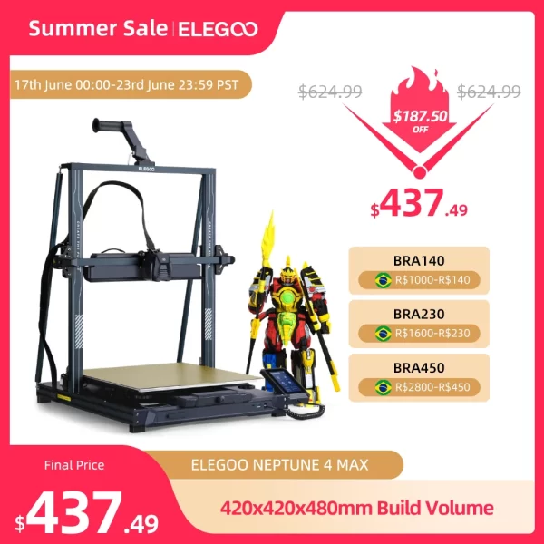 ELEGOO-NEPTUNE 4 MAX FDM Impressora 3D com Klipper Motherboard de alta velocidade, até 500 mm/s Impressão, Construir Volume 420x420x480mm