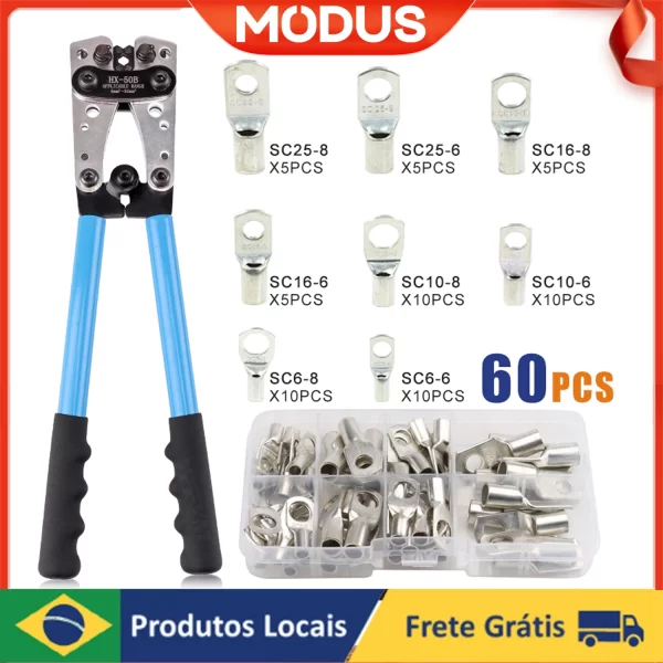 HX-50B Wire Crimper Tool, Crimping Alicate, Cabo de Bateria Lug, Mão Ratchet, 6-50mm, 0-10AWG, 60Pcs Terminais