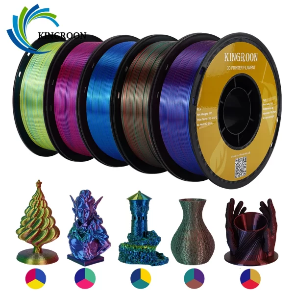 Kingroon-Filamento PLA Tricolor de Seda para Impressora 3D, Materiais Plásticos, Cor Especial, 1,75mm, 11 lbs, Impressão