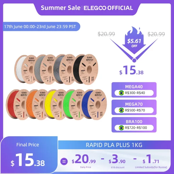 ELEGOO-PLA Plus 3D Printer Filament, Suporta 30-600mm, velocidade de impressão, compatível com a maioria dos FDM, RÁPIDO, 1,75mm