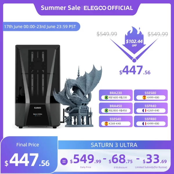 ELEGOO-SATURN 3 Ultra Mono MSLA Impressora 3D, Tamanho de Impressão em Resina LCD, 10 ", Até 150mm, Tamanho de Impressão 219x123x260mm, 12K