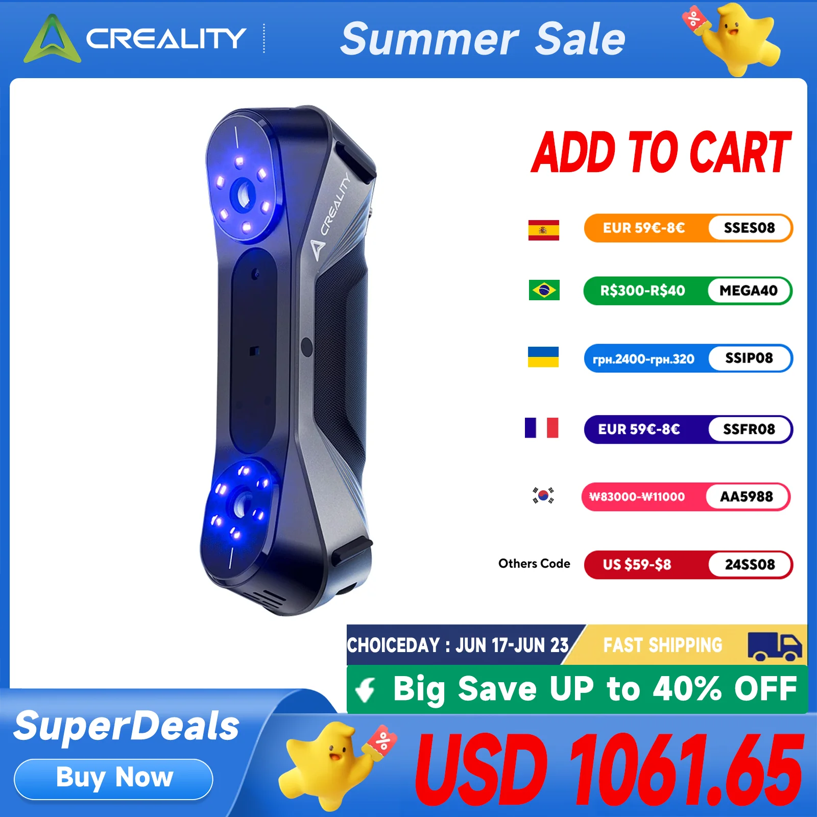 Creality-CR-Scan Raptor Scanner 3D, NIR Azul de Linhas Múltiplas, Precisão 0,02mm, 60FPS, Rastreamento Anti-Shake, Scanner Colorido 24Bit