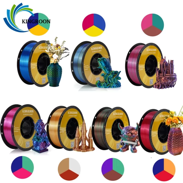 KINGROON-Filamento PLA Tricolor de Seda para Impressora 3D, Filamento PLA De Seda, Materiais Plásticos, Impressão 3D, Cor Especial, 1,75mm, 2,2, 8,8 lbs