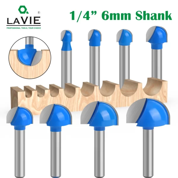 LAVIE-Conjunto de bits roteadores de nariz de bola, fresa redonda para madeira, ferramentas de carboneto sólido, caixa de raio CNC, 1,4 haste, 6mm, 1pc
