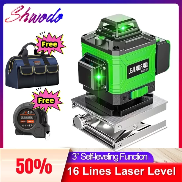 Ferramentas Laser Profissional com Bateria de Alta Potência, Nível Laser Verde, 4D, 16 Linhas, 360, Horizontal, Vertical, Auto-Nivelamento, Melhor
