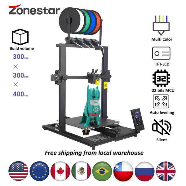 ZONESTAR 2023 Novo 4 Extrusoras Tamanho Grande 4-IN-1-OUT Color-Mixing Resolução de Alta Precisão Fácil Instalação FDM 3D Printer DIY Kit