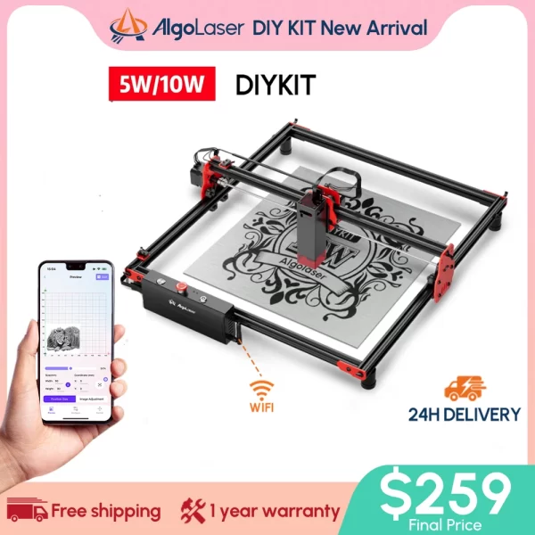 Poderosa Máquina de Gravação a Laser AlgoLaser, Gravador a Laser Rápido com Wi-Fi, Controle Offline, Luz Azul, Roteador CNC, 5W, 10W, 4505nm