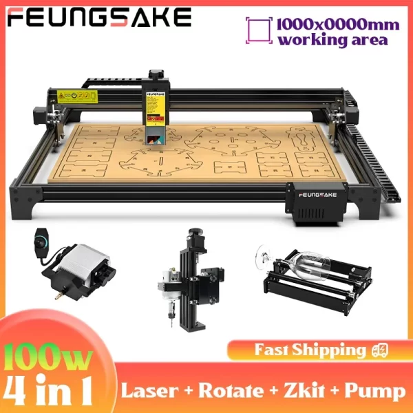 Fresadora CNC com bomba de ar, Gravação a Laser e máquina de corte, Mesa 50W Honeycomb, Gravador de madeira, 100W