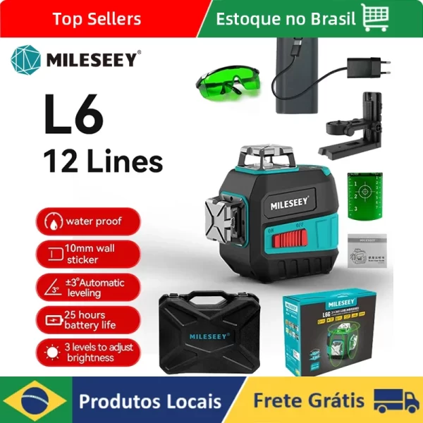 MiLESEEY-3D Nível Laser Verde Auto-Nivelamento, Dispositivo de Nivelamento Profissional, Ferramentas Transversais Horizontais e Verticais, 12 Linhas, 360