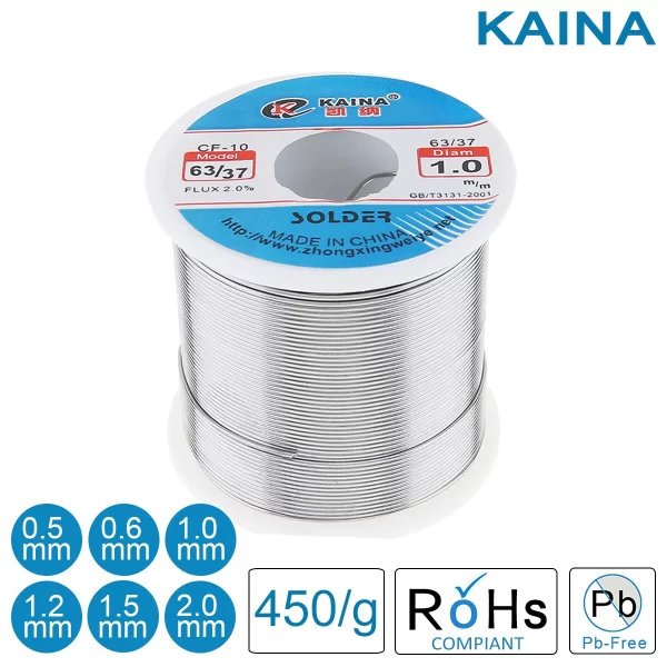 Fio de solda KAINA para ferro de solda elétrico, baixo ponto de fusão, fio de solda, 2% Flux, 450g, 0.5mm, 0.6mm, 0.8mm, 1.0mm, 1.2mm, 1.5mm, 2,0 milímetros, 63, 37
