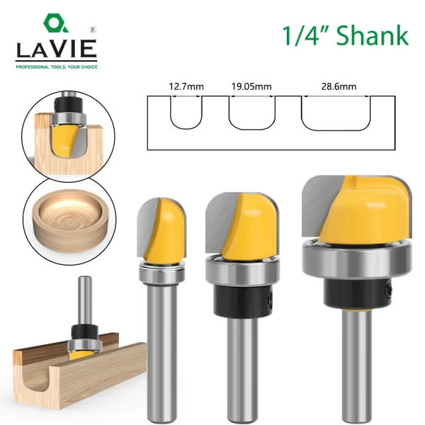 LAVIE-Fresadora de Nariz Redondo, Tigela Bandeja Router Bit, Rolamento para Carpintaria, 6mm, 6.35mm Haste, 1-1/8 ", 3/4" Diâmetro