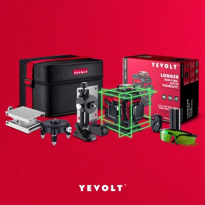 YEVOLT-Green Beam Laser Level Kit, Suporte Magnético Ferramentas de Medição, Auto-Nivelamento, Controle Remoto, 4D, 16 Linhas, YVGLL4XS16B2, 4-Plane