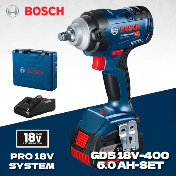 BOSCH-GDS Impact Wrench Power Tool, 18V-400, bateria de lítio sem escova, 5.0AH, 400N.m, alto torque, recarregável, sem fio, 18V