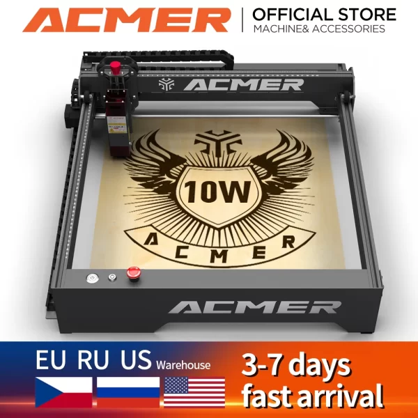 ACMER-Poderosa Máquina Gravadora a Laser com Controle Wi-Fi, Gravação a Laser e Máquina de Corte para Madeira e Metal, Tamanho 400x410mm, P1, 10W