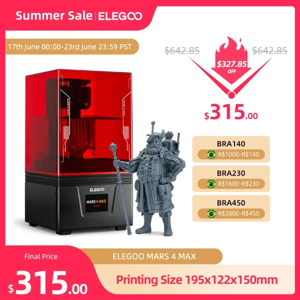 Impressora 3D ELEGOO-Mars 4 Max MSLA, LCD monocromático de 9.1 ", 6K, vários modos de impressão, tamanho de impressão
