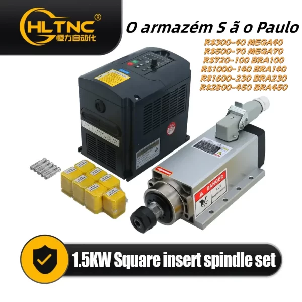 Kit de Motor Do Eixo De Refrigeração De Ar para Fresagem CNC, 1.5kW, 1500W, Eixo Quadrado, 24000RPM, Inversor VFD, RS485, 7 PCs ER11