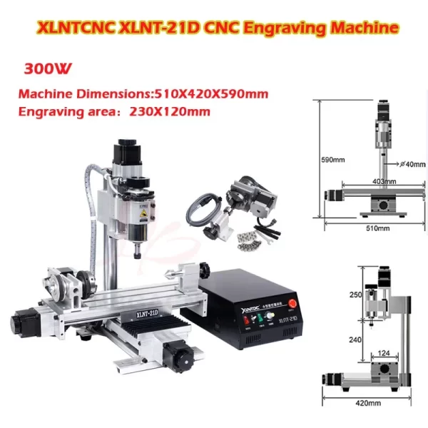 XLNTCNC Gravação e Fresadora para Carpintaria, Roteador CNC, Gravador de 3 Eixos, 4 Eixos, Porta USB, 230x120mm, XLNT-21D, 300W