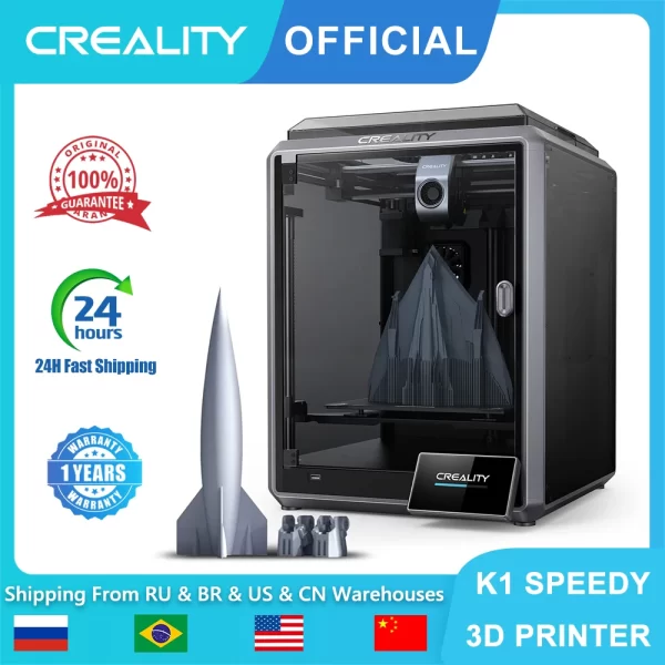 Creality K1 Speedy 3D Printer, High Speed Printing, Auto Nivelamento, Dual-Gear, Extrusora Direta, Max Flow Hotend, 600mm, 32mm ³, s