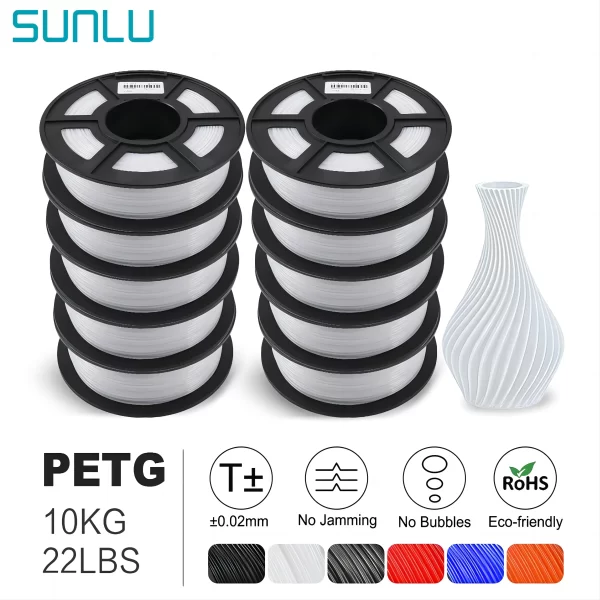 SUNLU-PETG Filamento de impressora 3D, material consumível da UE, 1,75mm, ± 0,02mm, 1000G, 100% linha, impressão FDM, 1kg rolo, 10kg