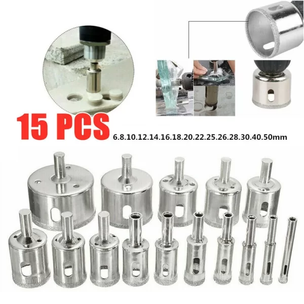 Telha revestida de diamante Broca Set, Mármore Vidro, Cerâmica Buraco Saw, Bits de perfuração, Ferramentas Elétricas Acessórios, 10 Pcs, 15Pcs