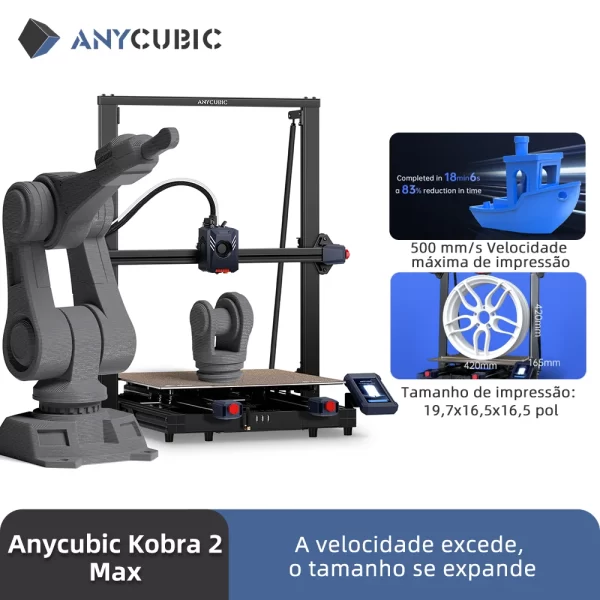 ANYCUBIC-Kobra 2 Impressora 3D Max FDM de grande formato, 500 mm/s, velocidade máxima de impressão, tamanho de construção, 500x420x420mm, controle inteligente do aplicativo